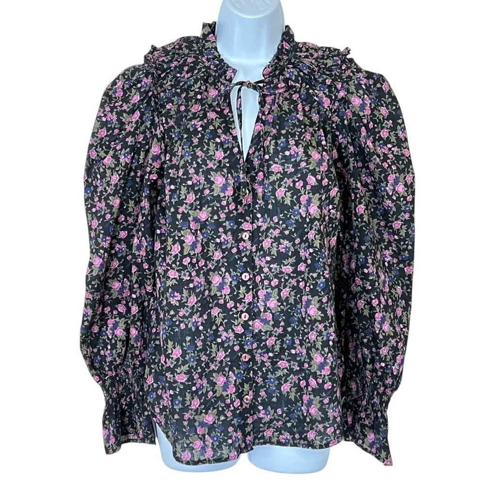 Free People Meant To Be Dark Floral Romantic Top S NWOT Black Ruffle Feminine